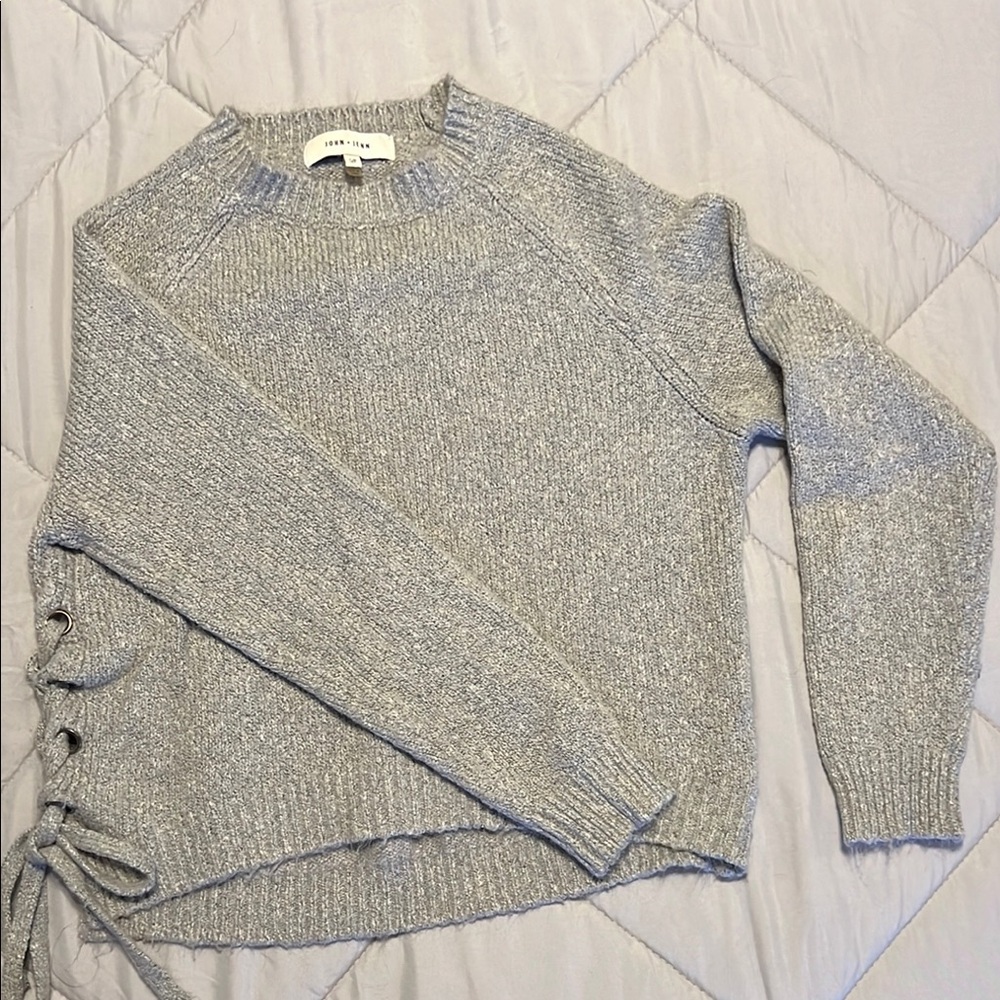 Cropped Gray Crew Neck Sweater with side tie detail